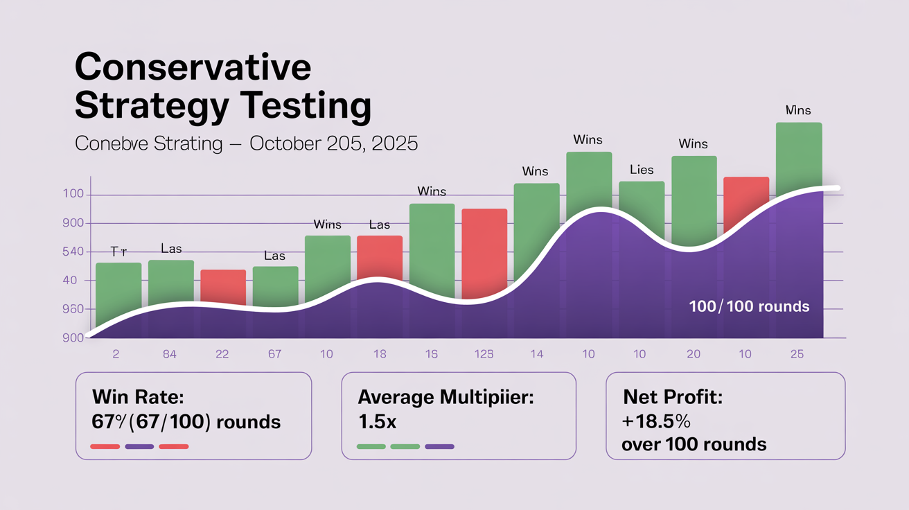 Conservative Strategy Testing Results - 100 Rounds Analysis: 65% Win Rate, +$12 Profit, Low-Risk Approach
