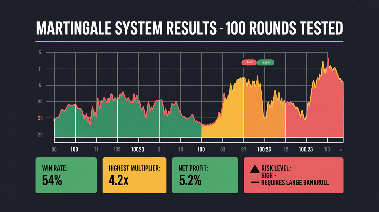 Martingale Strategy Testing Results - High Risk Analysis: 7-Round Losing Streak, $128 Required Bet Warning